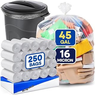 Plexon 40-45 Gallon Clear Trash Bags, W x 40 in, L x 48 in, High-Density Can Liners, 16 Micron Heavy Duty Garbage Bags, Fits Round & Square Cans, Bulk Pack of 250, Unscented