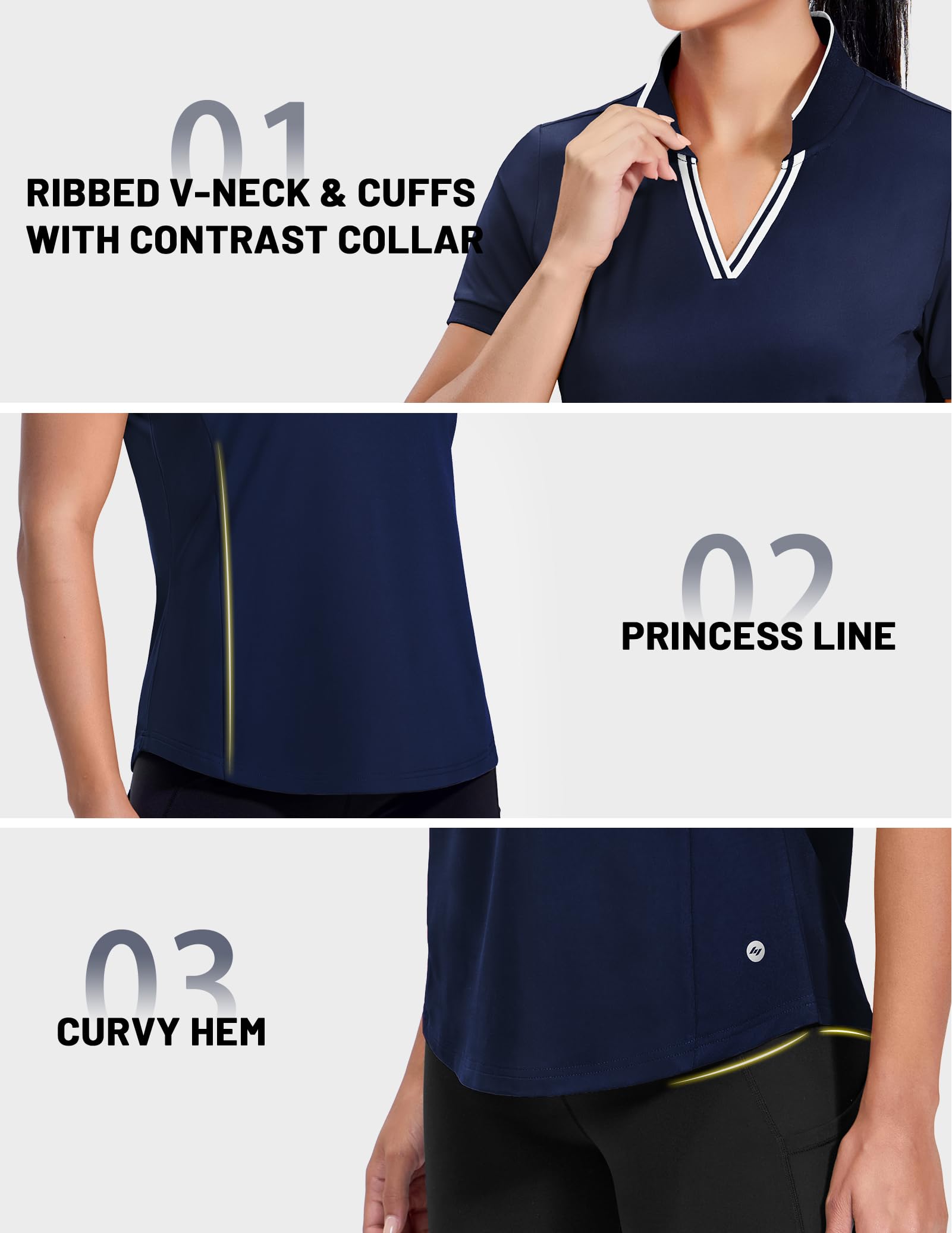 MIER Polo à col en V pour femme à manches courtes UPF 50+ Protection solaire pour golf, tennis, col extensible, coupe sèche