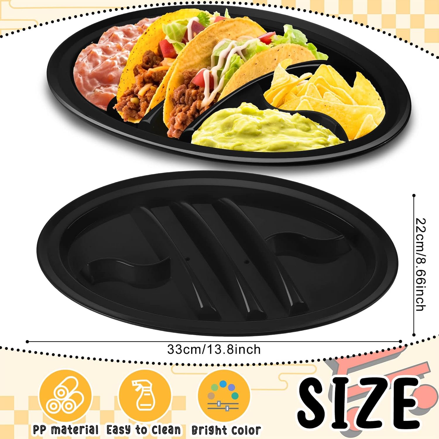 Roshtia 24 Pcs Taco Holder Fiesta Bulk with 2 Stand Holder 4 Compartments Plastic Tray for Soft and Hard Shell Tacos, Microwave Safe for Soft & Hard Shell Tacos(Black)
