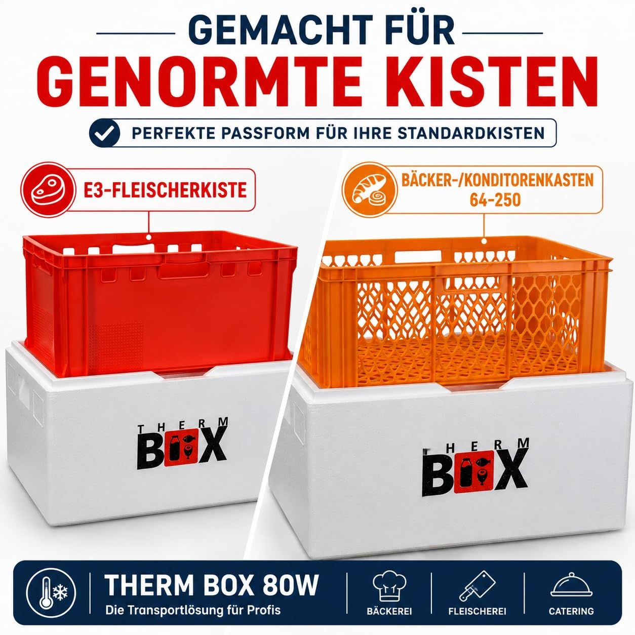 THERM BOX Scatola in polistirolo da 80 W, 80 litri, per scatola E3, per interni, 62,5 x 44 x 30 cm, spessore della parete 3 cm, contenitore termico, contenitore termico, contenitore termico E3