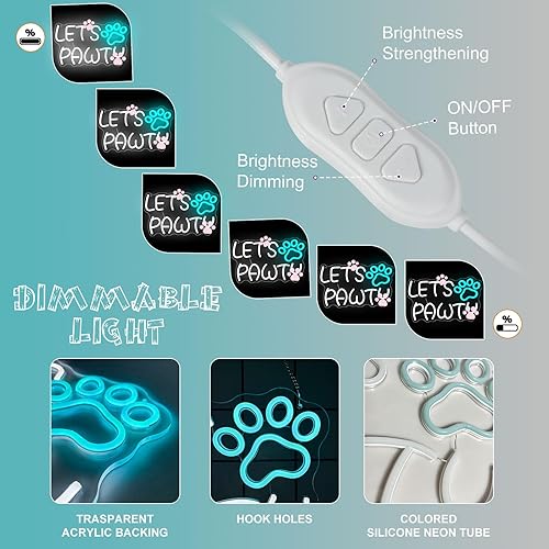 Miniatura 7 de Lets Paw-ty - Letrero de neón para fiesta de cumpleaños de perro y gato, luces de neón regulables, USB con estampado de patas de mascotas, letrero
