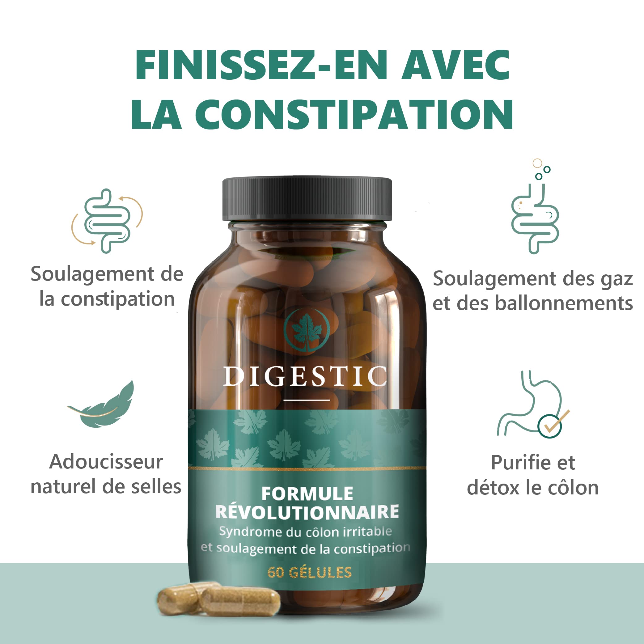 Digestic Laxatif contre la constipation 100% naturel 60 capsules Purifie le colon Soulage ballonnements