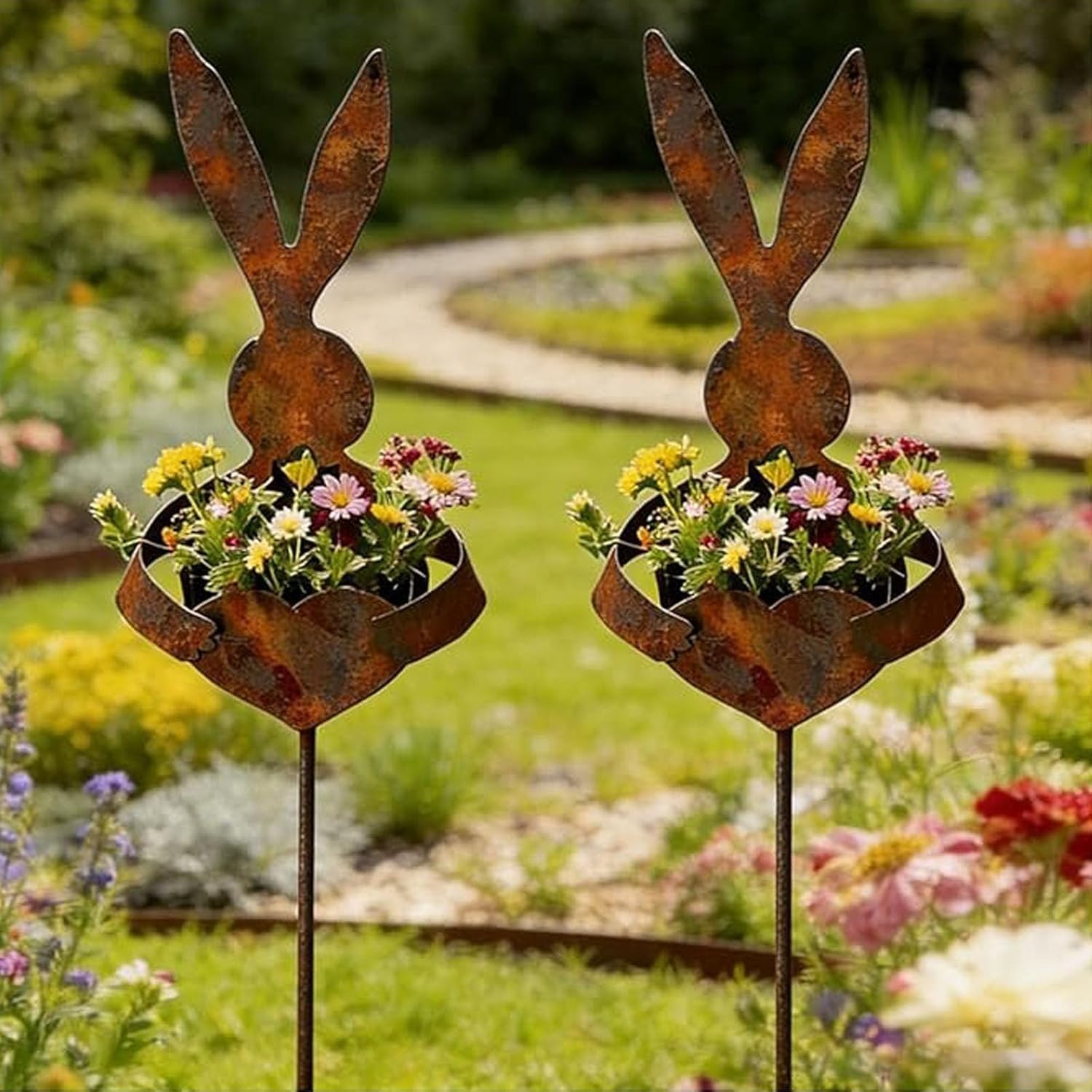 Easter Vintage Metal Rabbit Shaped Planter Garden Stake, Rusty Easter Garden Stakes, Rustic Patina Finish Rabbit Silhouette, for Small Flowers Spring Displays, Yard Rabbits Decorations (2pcs)