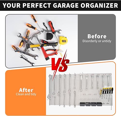 Miniatura 6 de Organizador de pared de tablero de clavijas de garaje, 2 piezas de 32 x 16 pulgadas, tablero de herramientas grande de acero resistente, tablero de