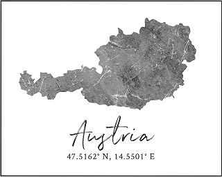 WESTBROOK DESIGN STUDIO Austria Map Wall Art Print - 8x10 Silhouette Decor Print with Coordinates. Makes a Great Austrian Country-Themed Gift. Shades of Grey, Black & White.