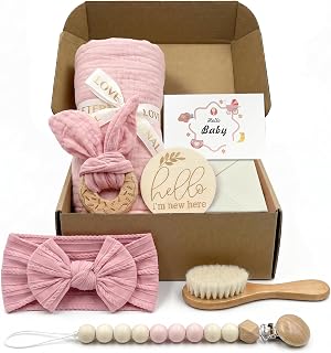 Baby Gift Newborn 7 in 1, Baby Set Newborn with Baby Towel 75x90cm, Teether Wood, Baby Brush & Pacifier Holder, Gift For Newborn, Baby Shower Gift, Christening Gift Baby Girl Boy (Pink)