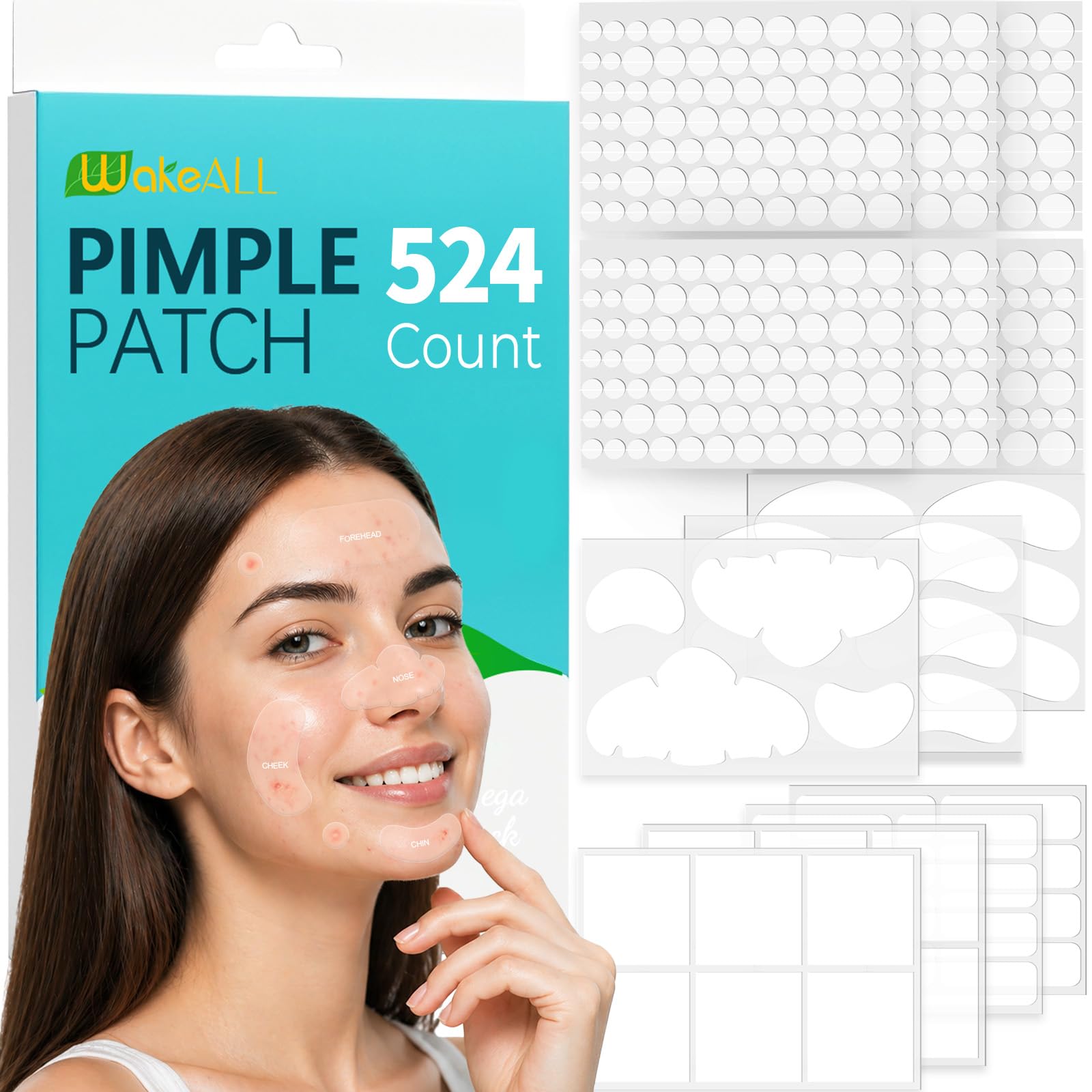 Patch Brufoli, Pimple Patch XL for Face&Body,524 cerotti idrocolloidali per ampie zone con estratto di tea tree, adesivi grandi per brufoli in 5 forme e 10misura, assorbono rapidamente sebo e liquidi