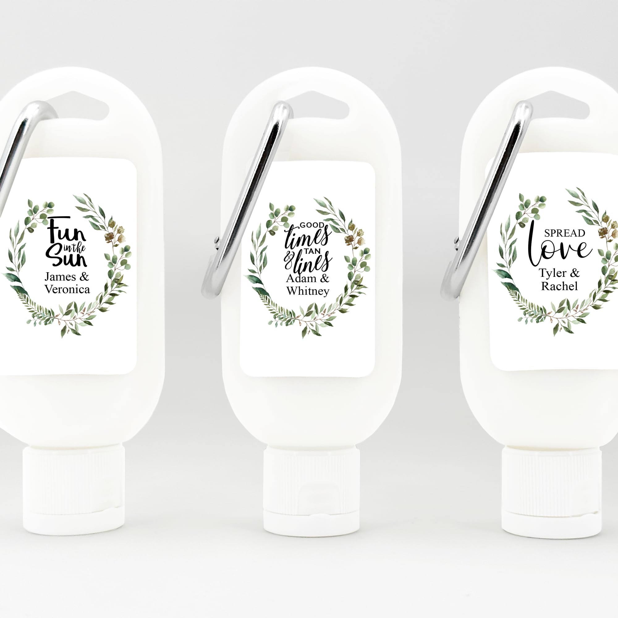 Personalized Sunscreen with Carabiner SPF 30, Custom Sunscreen for Wedding Favors, Garden Wedding, Botanical Wedding, Bridal Shower Favors, Bachelorette Gift (Set of 12)
