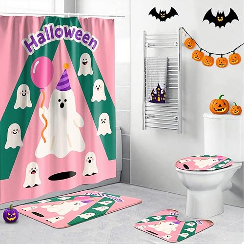 Miniatura 15 de Juego de 4 cortinas de ducha de Halloween, juego de baño de Halloween con cortina de ducha y alfombras, cubierta de tapa de inodoro, cortina de