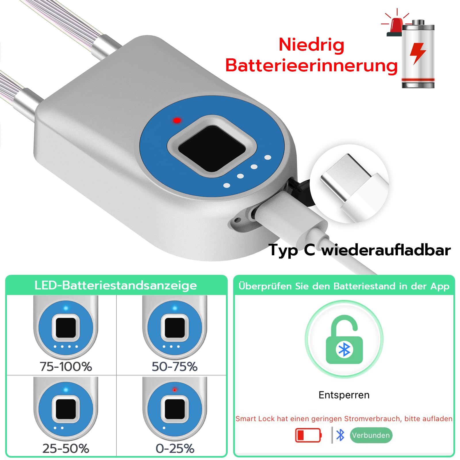 Anweller Lucchetto con impronte digitali, lucchetto con cavo da 22 cm, per impronte digitali con app, adatto per biciclette, scooter elettrici, bagagli, valigetta per armi, cassetta degli attrezzi,