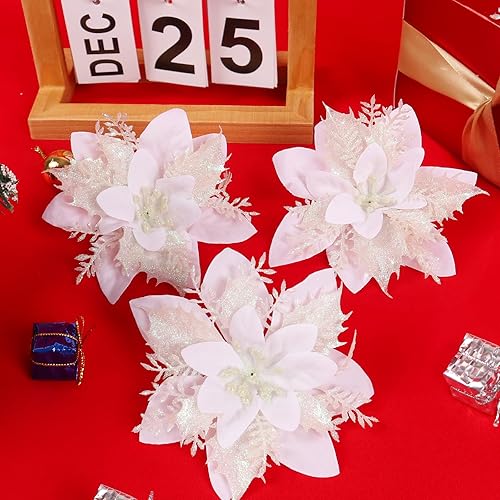 Miniatura 3 de Beferr Decoración para árbol de Navidad, 18 piezas de flores de Pascua artificiales de 5.5 pulgadas, palillos de flores de Navidad con clips,