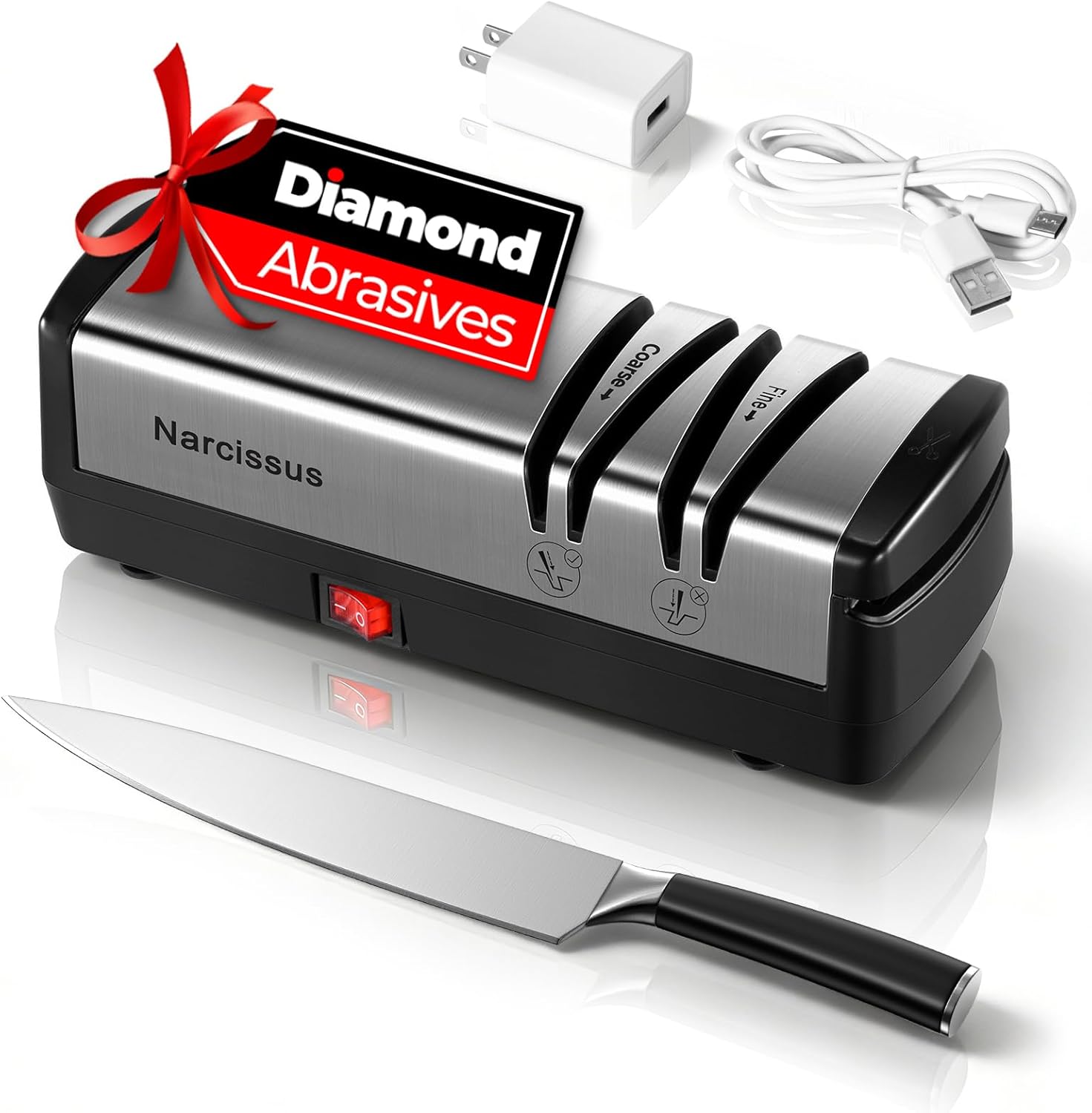 Narcissus Knife Sharpener, Protable Diamond Electric Knife Sharpener for Stainless Steel and Ceramic Knives, with Scissors Sharpener & Metal Dust Collection Box, Quick Sharpening & Polishing, Silver