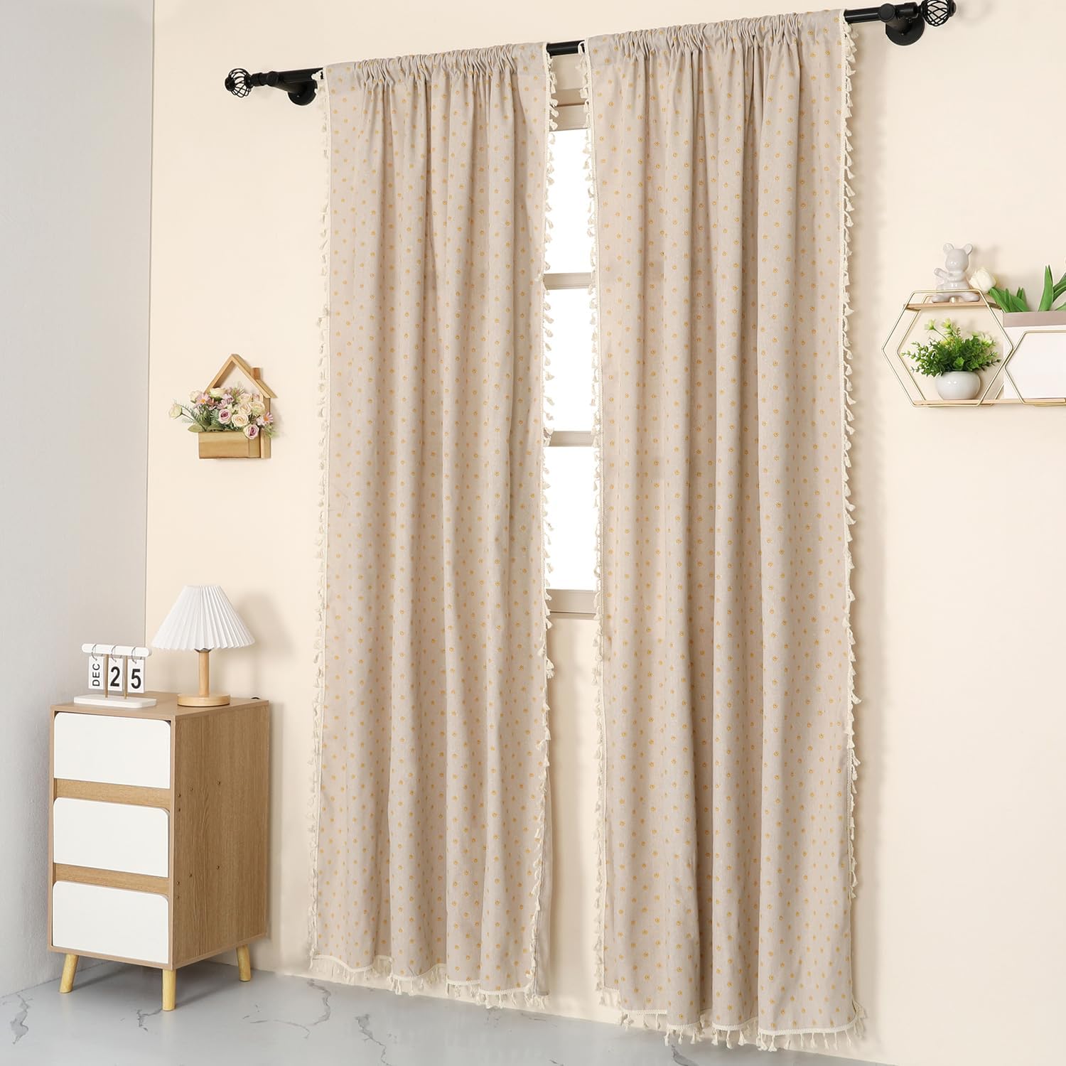 1 Pair Yellow Daisy Linen Curtains Rustic Country Style Light Filtering Rod Pocket Window Drapes Beige Tassels, 52" W x 84" L