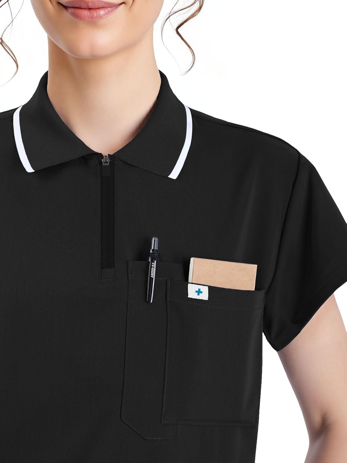 Medical Scrubs Uniform for Women - Cropped Zip-Front Polo Tops & Straight Leg Pants with 8 Pockets, Easy Care - Image 3