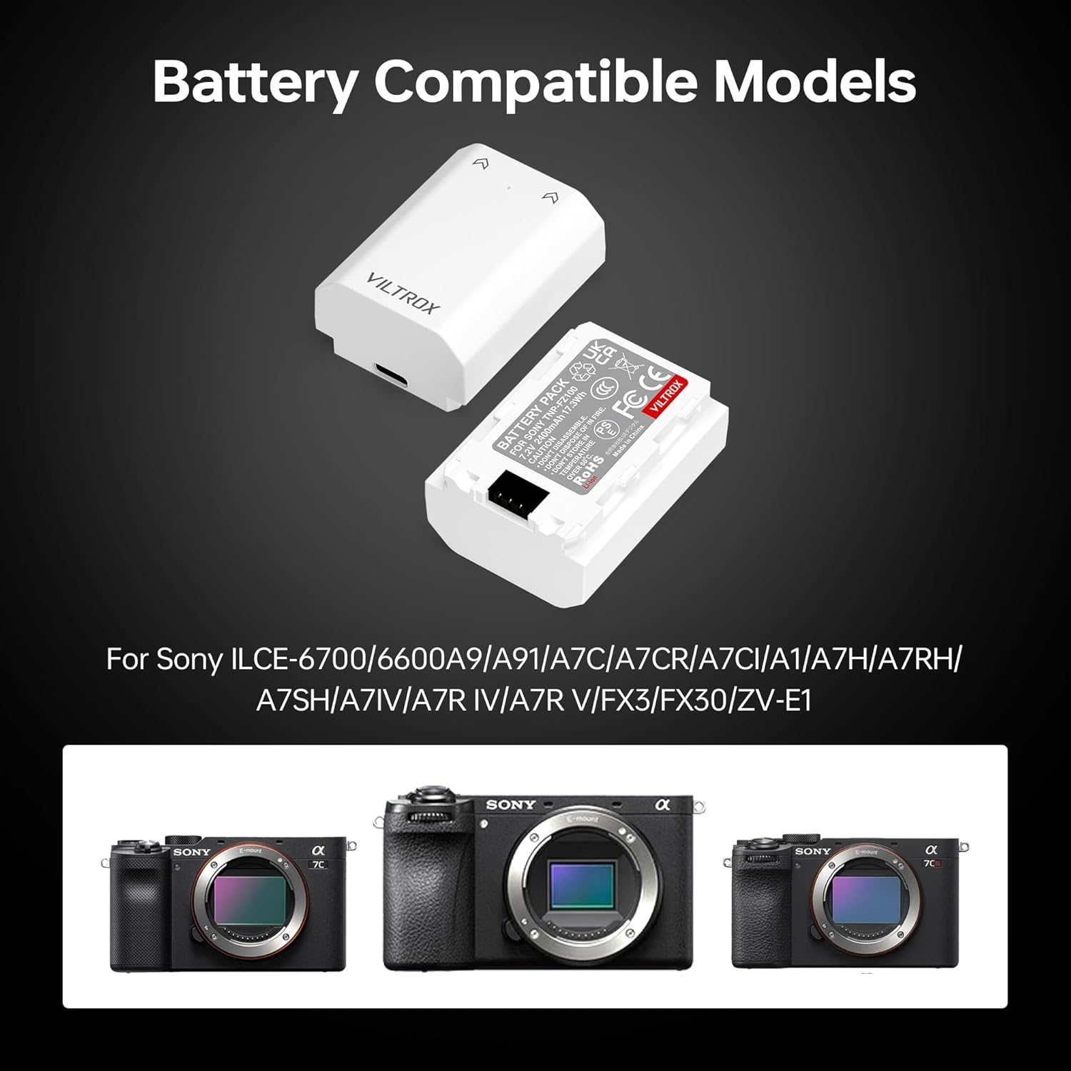 VILTROX NP-FZ100 Camera Battery for Sony, 7.2V 2400mAh 17.3Wh, USB-C Fast Charging, Rechargeable Camera Battery Compatible with Sony