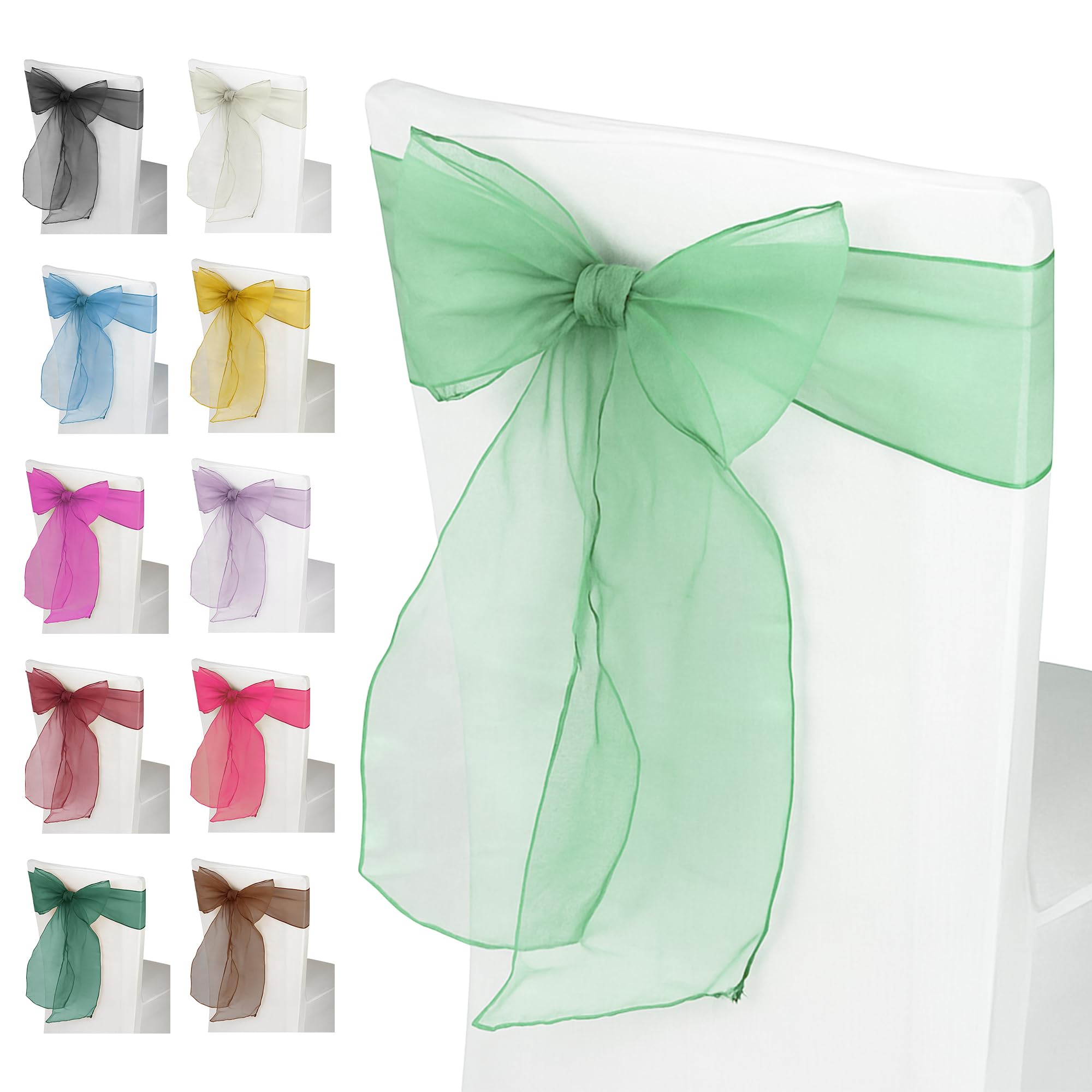 WedDecor 100pcs Organza Sashes, Chair Covers Fuller Bow, Apple Green