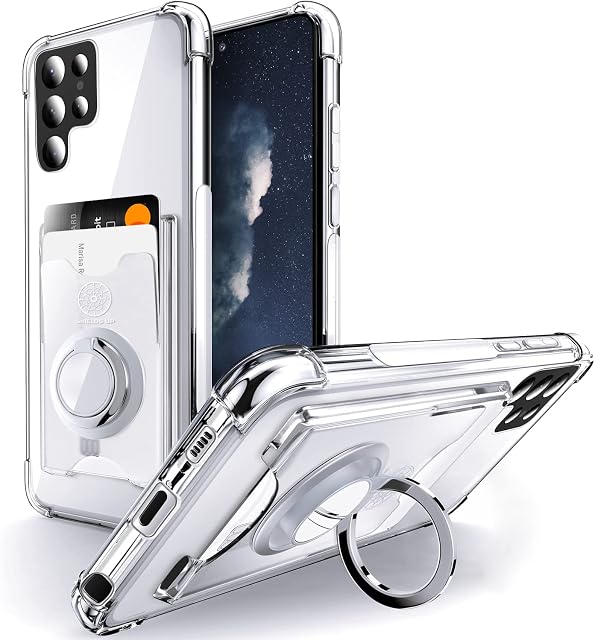 [Shields Up] Designed for Galaxy S22 Ultra Case, Samsung S22 Ultra Minimalist Wallet Case with Ring Kickstand and Card Holder, Transparent Slim Shockproof TPU Bumper Cover for Galaxy S22 Ultra - Clear