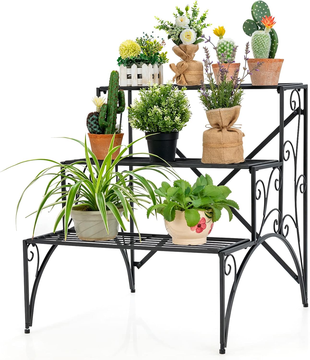 Giantex 3 Tier Metal Plant Stand, Black Corner Plant Stand Indoor w/ Widened Grid Shelf & Non-Slip Foot Pads, Display Rack Holder for Outdoor Porch Garden Patio Balcony