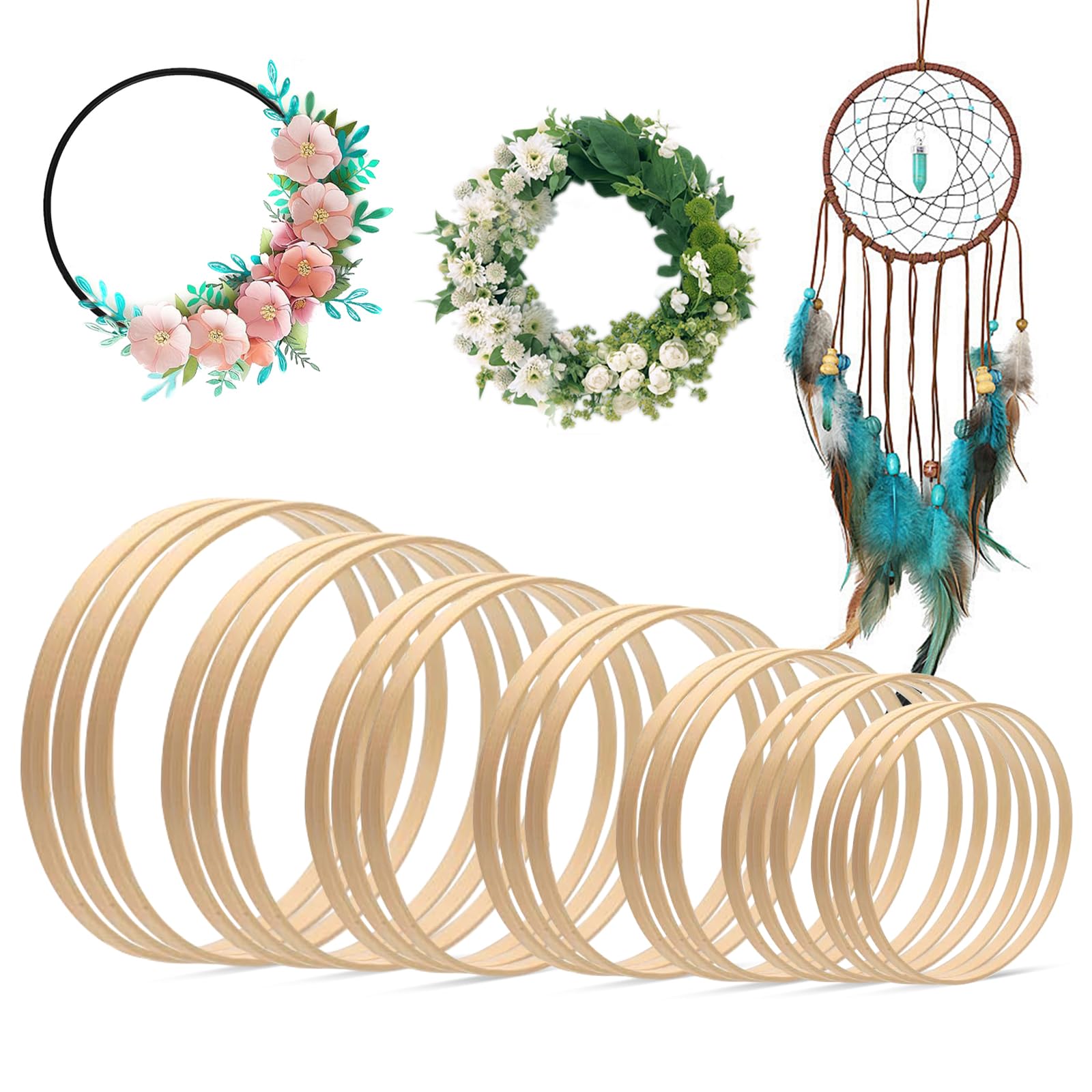 Neusid Wood 21Pcs Bamboo En Wreath Rings, 7 Sizes Bamboo Floral Hoop Dream Catcher Hoops Macrame En Hoops For Craft Diy Garland Deco (8/10/13/15/17/18/20Cm)
