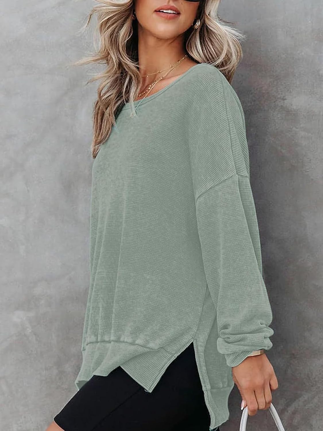 Womens Oversized Sweatshirts Crewneck Waffle Knit Casual Pullover Blouses Long Sleeve Side Slit Sweatshirt Tops S-2XL - Image 3