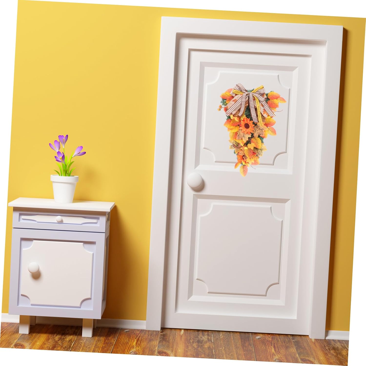 Thanksgiving Fall Swag Wreath Decor Rustic Maple Leaves and Sunflower Ribbon Hanging Wall Ornament Home Decoration Without Light