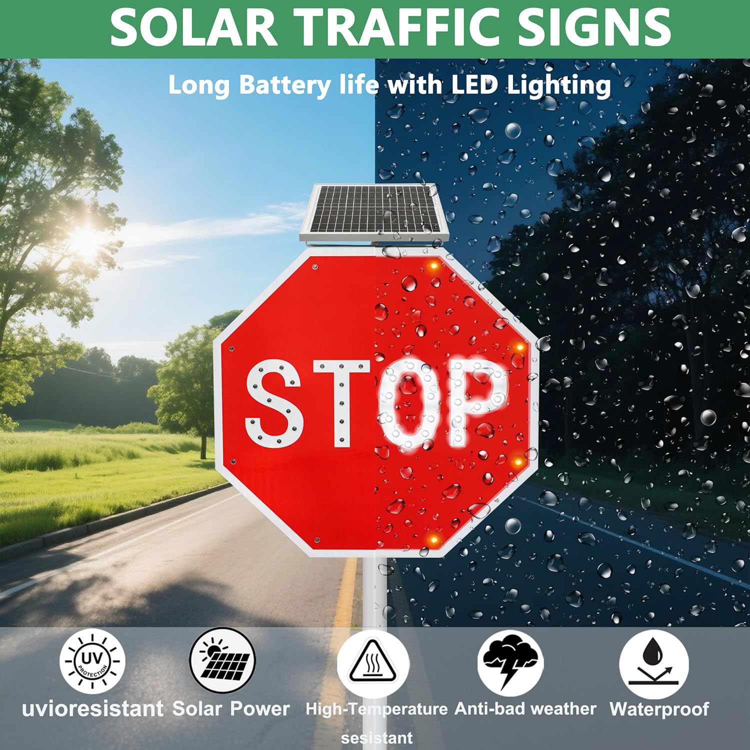 Señal de Stop LED Solar con Luces Intermitentes LED para señalización de tráfico en estacionamientos, garajes, almacenes y Obras de construcción, señal de Advertencia de
