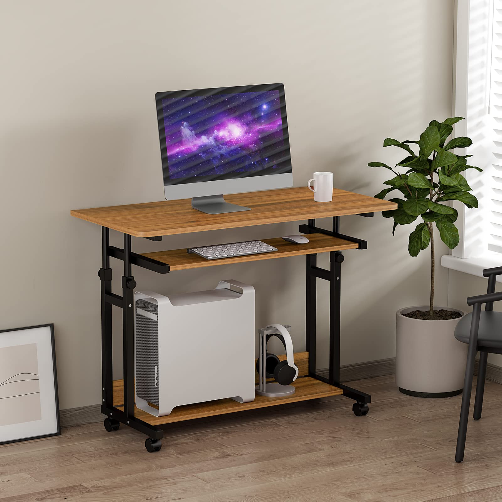 Dripex Bureau Mobile Réglable en Hauteur avec roulettes | 80x45cm, hauteur de 69 à 90cm, avec 2 étagères de rangement, pour le bureau, le bord du lit ou le canapé, Noyer