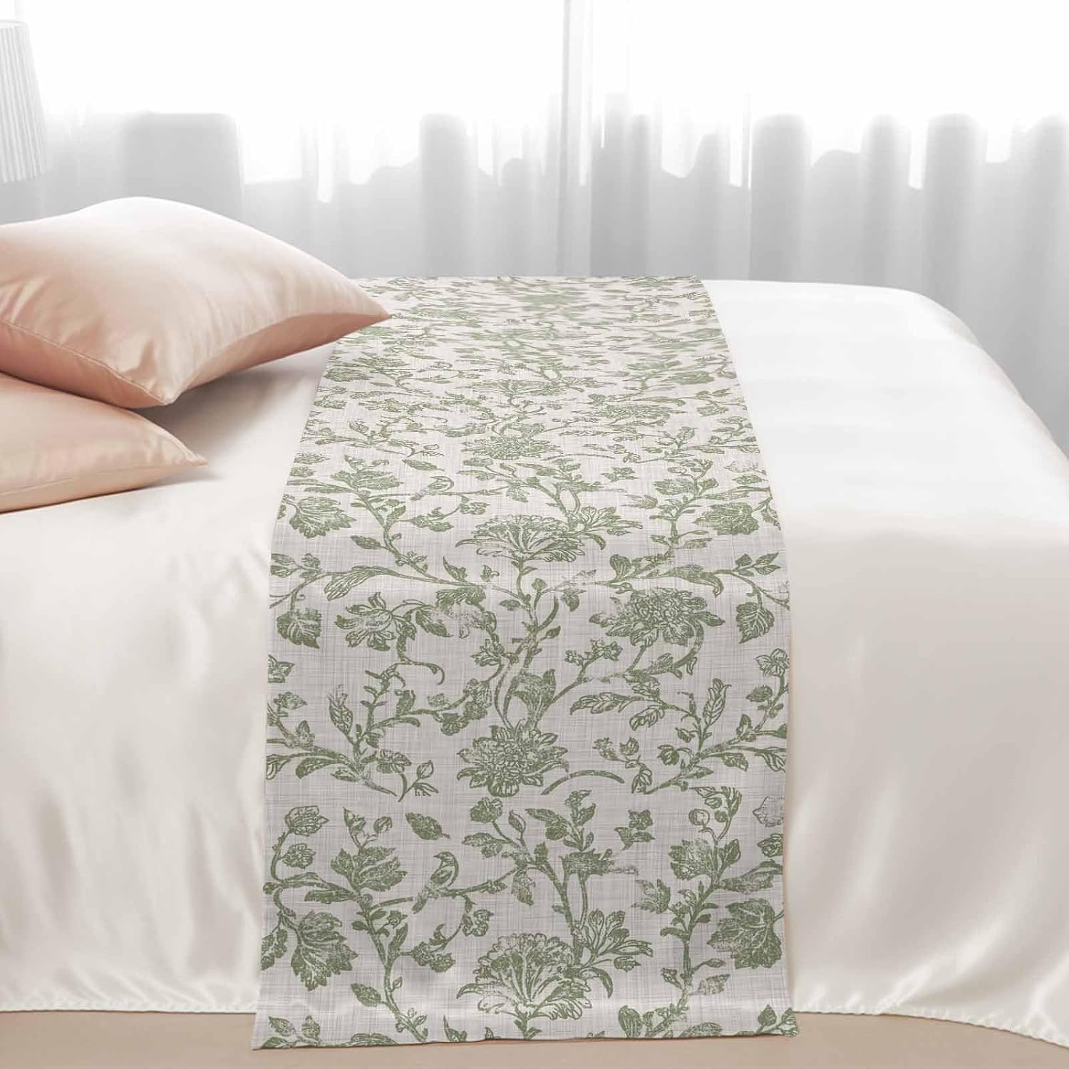 Farmhouse Sage Green Bed Runners for Queen Size Beds, Decorative Bed Throws for Foot of Beds, Luxury Bedding Protector Slipcover Vintage Flower Leaf Botanical Bedrunners & Scarves for Hotel, 94"x20"