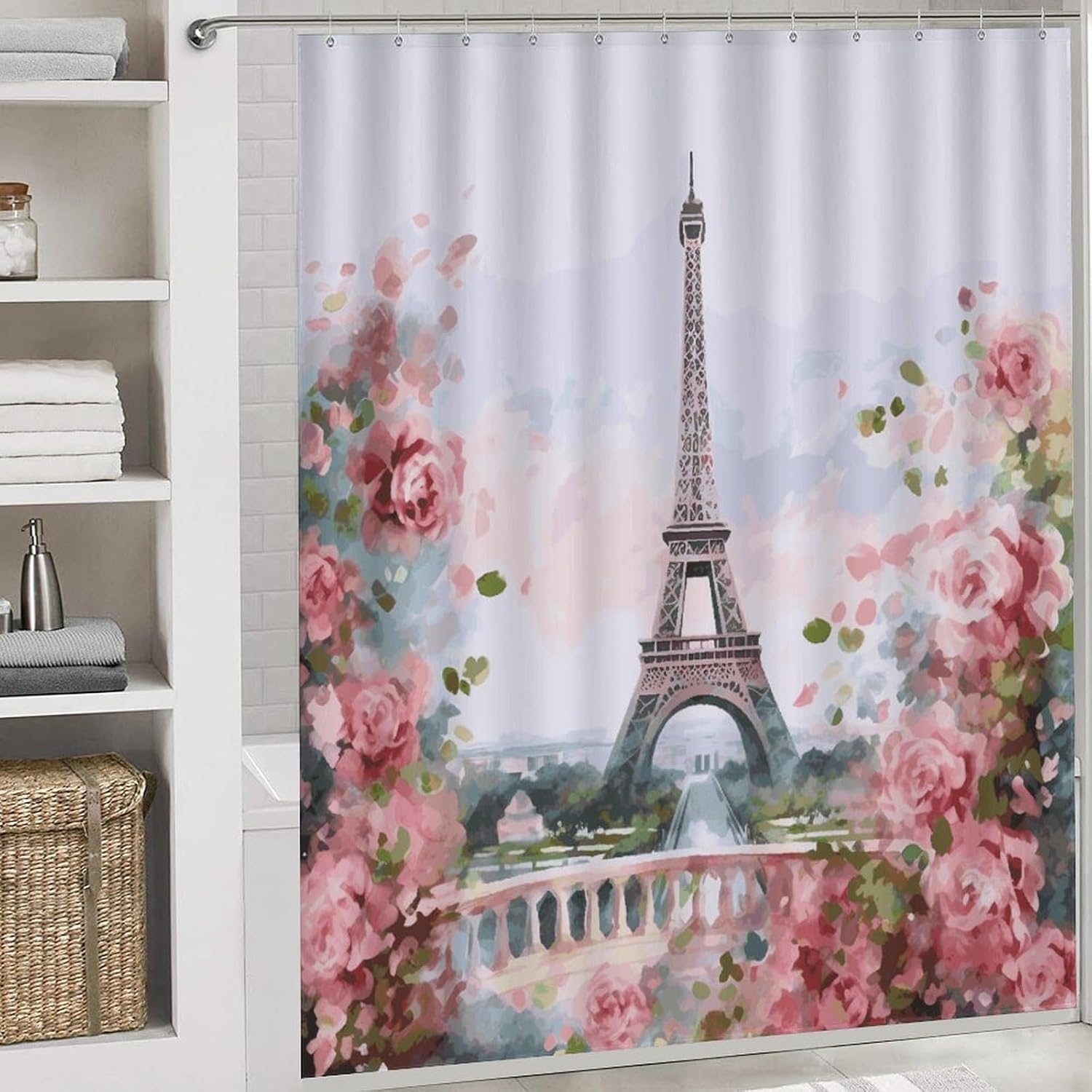 Paris Eiffel Tower with Flowers Shower Curtain Set 4 Piece, Non-Slip Bath Mat with Toilet Lid Cover and Waterproof Shower Curtain with 12 Hooks, Complete Bathroom Set for Home Decor