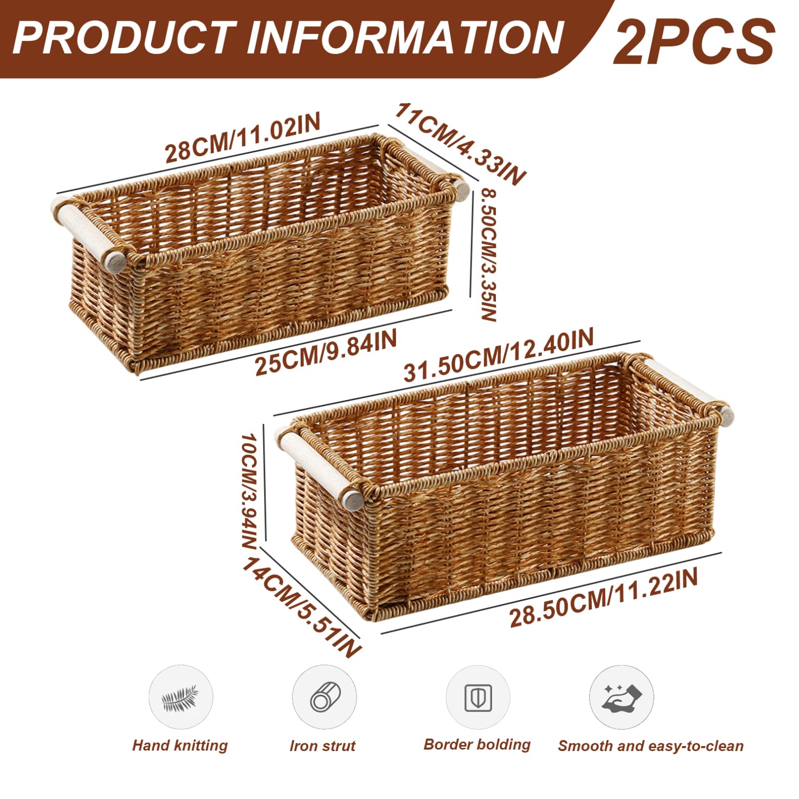Cesta de almacenamiento de mimbre, cesta de mimbre de plástico de 2 pcs con mango de madera, organizador de almacenamiento fácil de limpiar para la sala de estar de baño de cocina, escritorio de dorm
