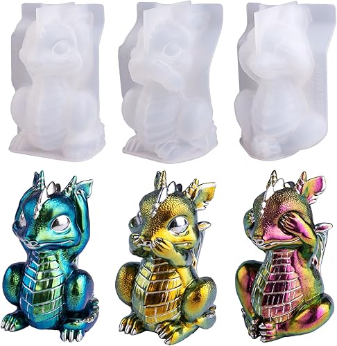 LET'S RESIN Moldes de resina de dragón, Hear, Speak, See No Evil 3 piezas de moldes de resina epoxi de dragón, animados moldes de silicona de