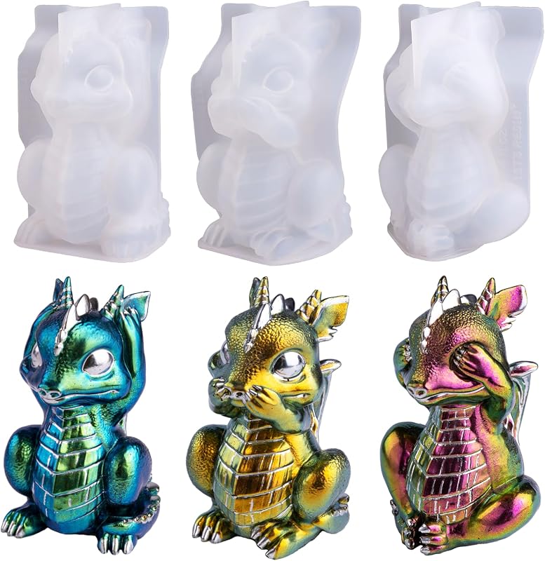 LET'S RESIN Moldes de resina de dragón, 3 piezas de moldes de silicona de animales 3D animados