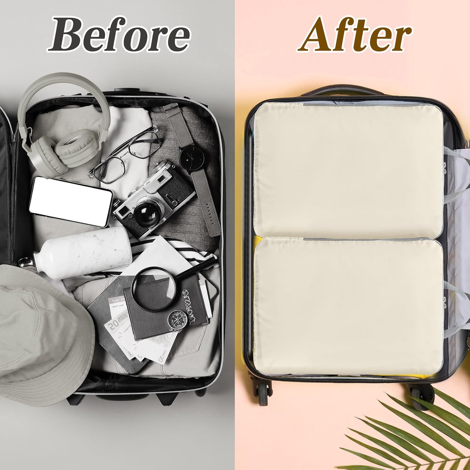 Hosuly 6 Pcs Large Ultralight Compression Packing Cubes for Travel 17.3 x 12.6'' XL Large Expandable Luggage Storage Organizers for Save Space Family Long Trips (Beige)