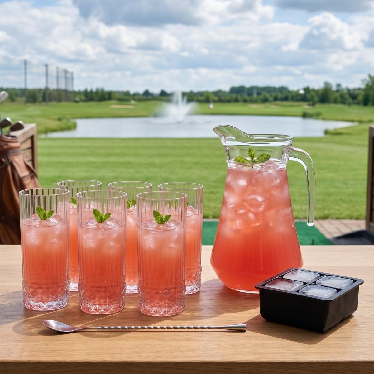 Juego de Cócteles Dolle Mina - Decantador 1.6 L con 6 Vasos largos 490 ml, Cucharón para cóctel y Cubos de Hielo