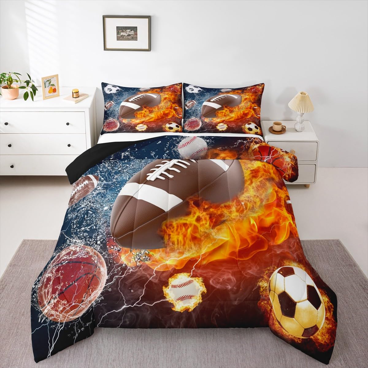 Erosebridal Football Comforter Twin Rugby Sports Bedding Set for Teen Boys Girls Kids,Soccer Basketball Baseball Comforter Red Blue Water Fire