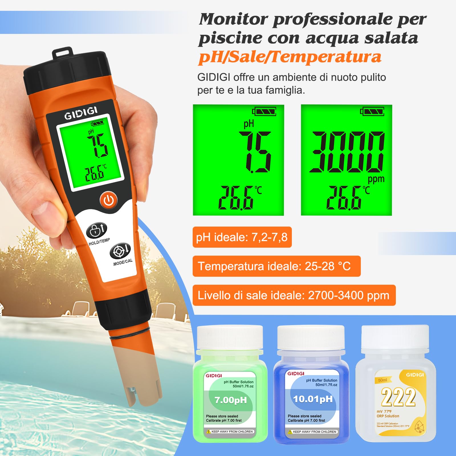 Tester pH e cloro per piscine, misuratore di sale per piscine | Misuratore 7 in 1 per acqua con funzione pH ORP cloro EC TDS temperatura per acqua di piscina, idromassaggio, Acqua domestica