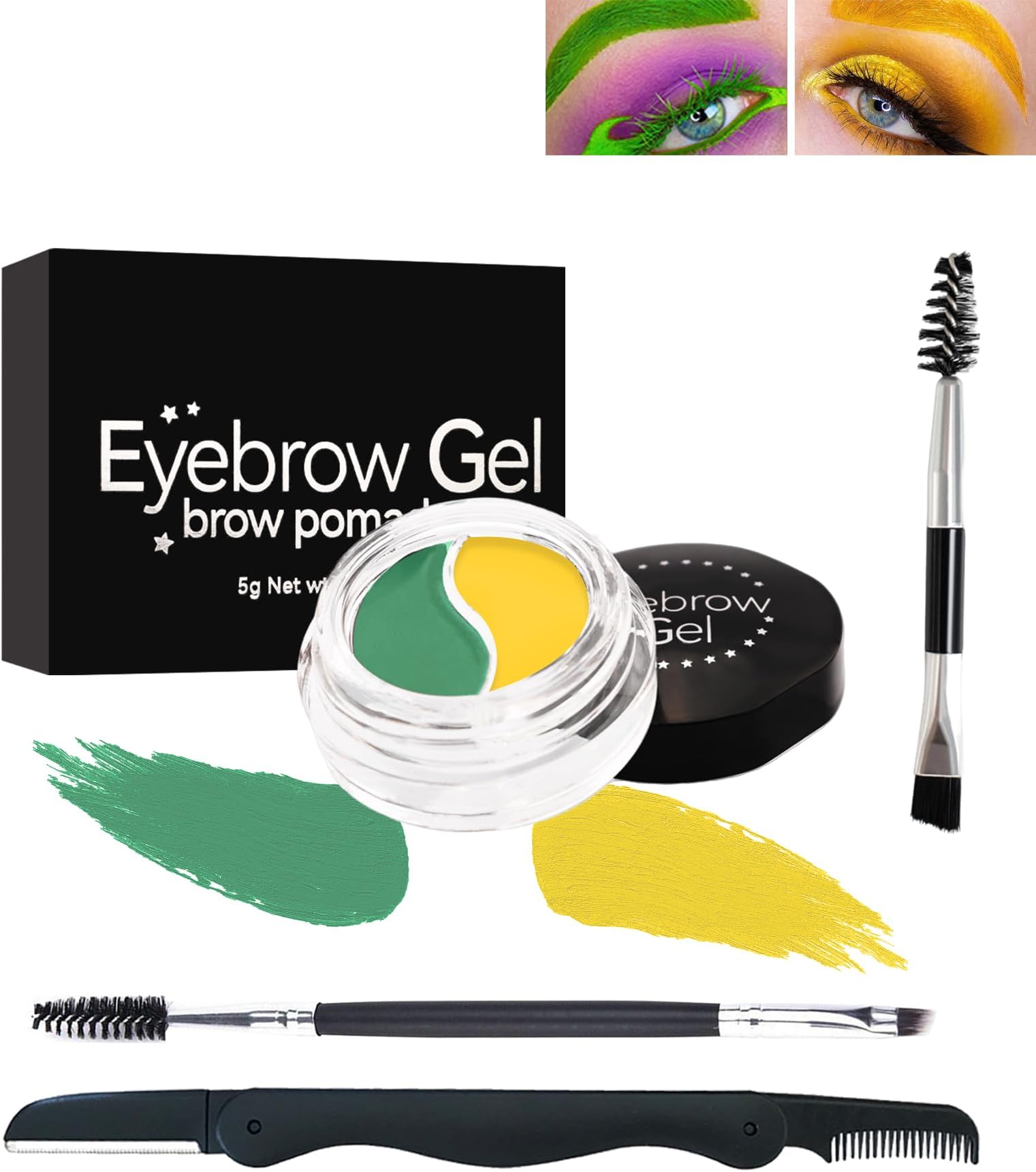 Eyebrow Gel Brow Pomade Set-2 in 1 Yellow Green Waterproof Tinted Brow Cream Glue & Eye liner Gel for Eye Makeup,Filling & Shaping Brow Filler with Brow Brush Razor,Brow Color for Cosplay Stage Use-#09