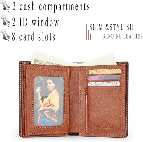 Miniatura 2 de VANNANBA Billetera de cuero de grano completo para hombres con RFID plegable con ventana de identificación lateral abatible 2, Amarillo Marrón,