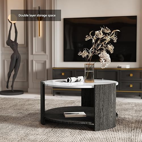 Miniatura 5 de Mesa de centro redonda, mesas de centro redondas rústicas modernas con estante de almacenamiento de 2 niveles, mesa de cóctel para sala de estar y