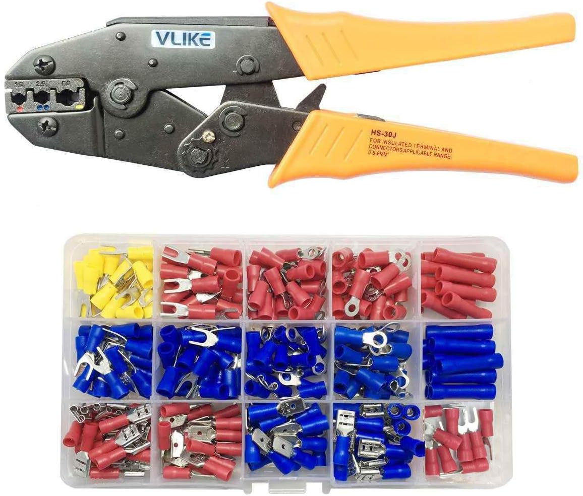 VLIKE Crimper Tool Kit A Self-adjustable Ratchet Wire Crimping Pliers AWG 22-10 with 280 PCS Terminal,Professional Insulated Wire Terminals Connectors