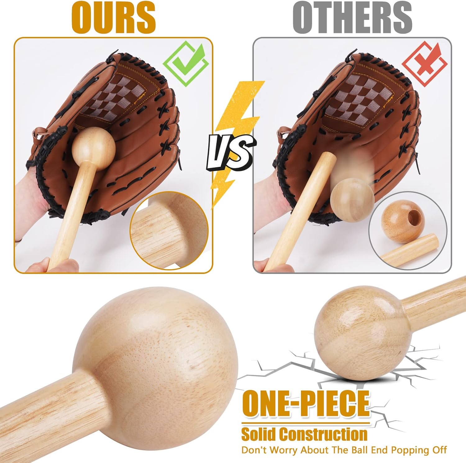Baseball Glove Break-in kit for Men & Adult, One-Piece Structure Baseball Glove Mallet, Baseball Mitts Wooden Shaping Hammer, Softball Glove Wrap Band, Plastic Practice Ball & Glove Locks