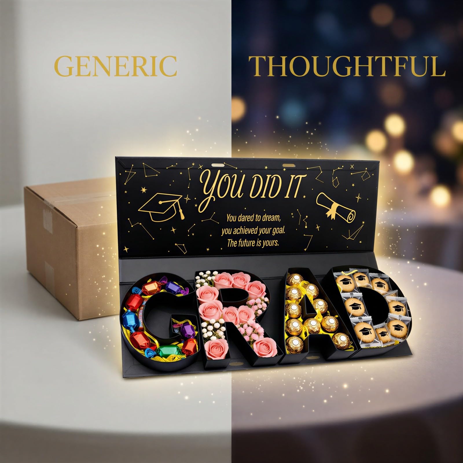 Geschenkbox zum Abschluss 2026, GRAD-Buchstabenform, befüllbare Box für Süßigkeiten und Blumen, DIY-Geschenkidee mit goldenem Glitzer-Congrats-Grad-Deckel und Band für Partydeko