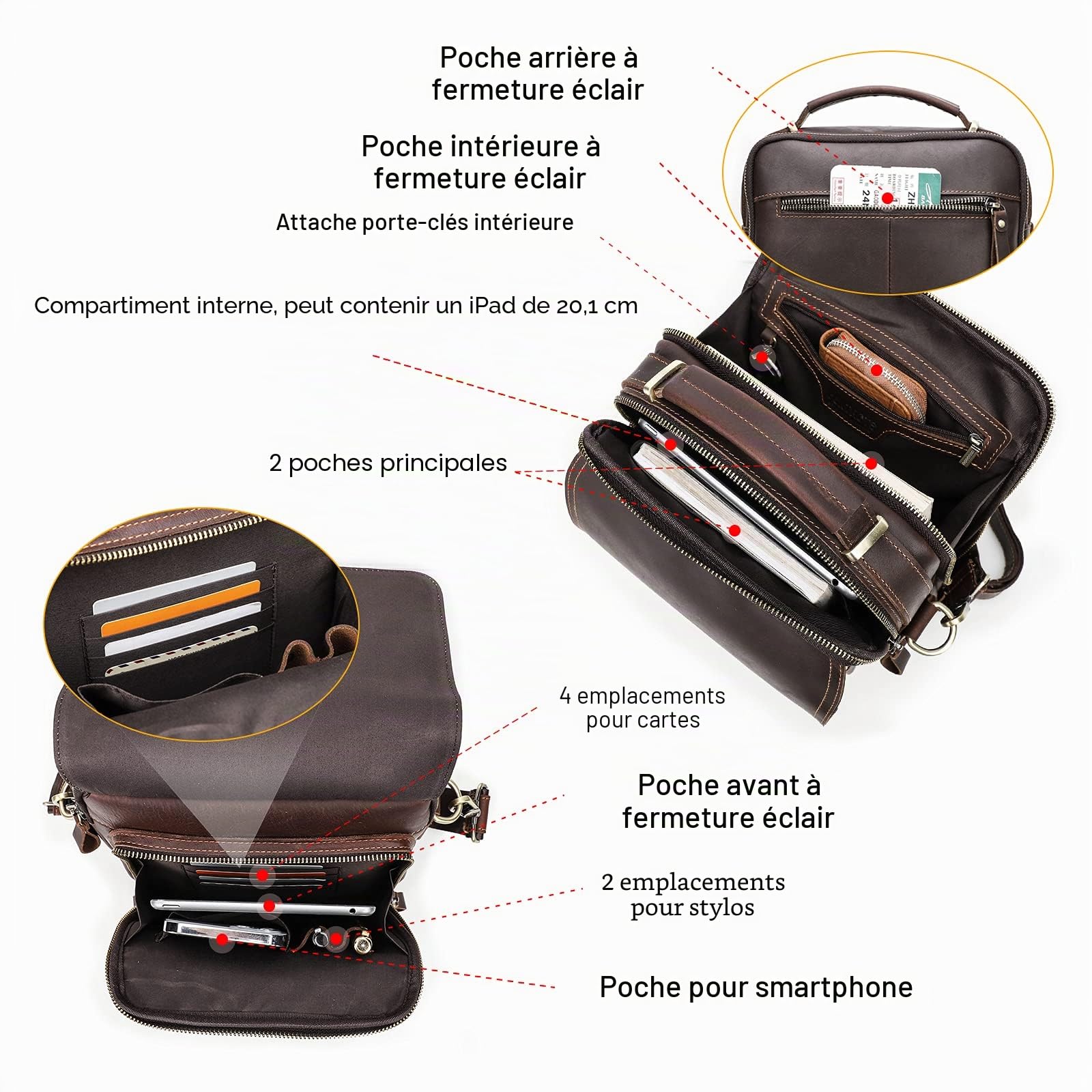 Contacts Sac à bandoulière en cuir pleine fleur pour homme - Convient aux tablettes de 9,7" - Pour le travail, le bureau, les affaires, les sacs à main avec porte-clés et porte-cartes