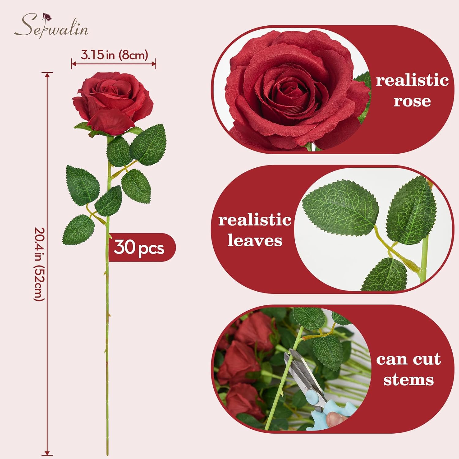 Serwalin 30PCS Red Roses Artificial Flowers, Realistic Red Roses Bouquet with Long Stems Fake Silk Roses Flowers for Wedding Centerpieces Bridal Bouquet Party Home Decor - Image 9