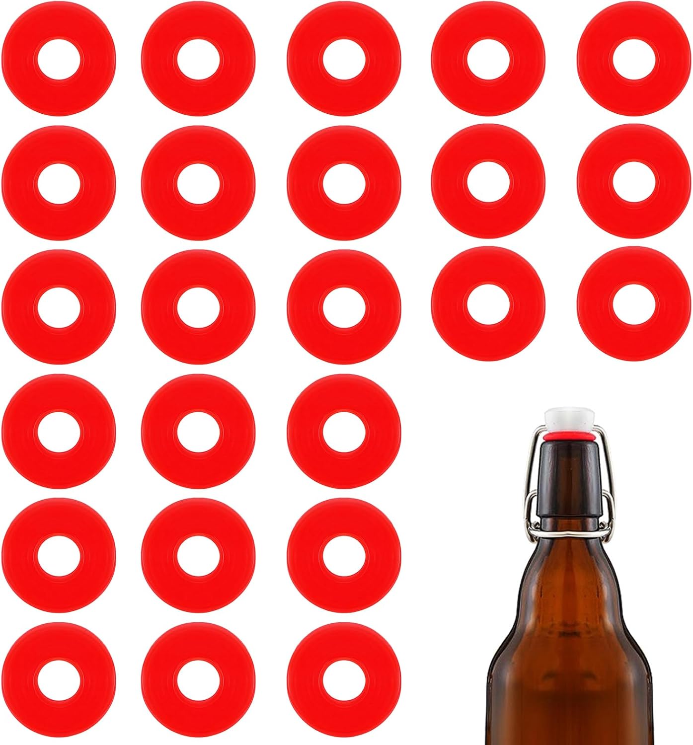 24 PCS Silicone Gaskets Washers Seals for Swing Flip Top Bottles, Replacement Caps Sealing Rings, Airtight Leakproof for Home Brew Beer, Soda, Beverage Bottles (Red O Flat Washer)