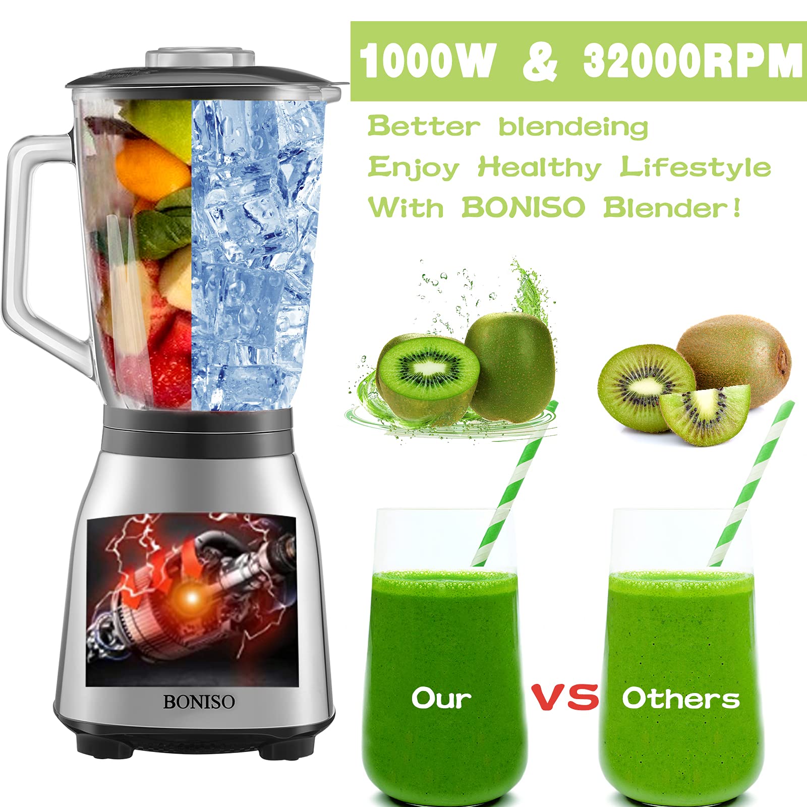 BONISO Countertop Smoothie Blender, High Speed Blender for Kitchen with