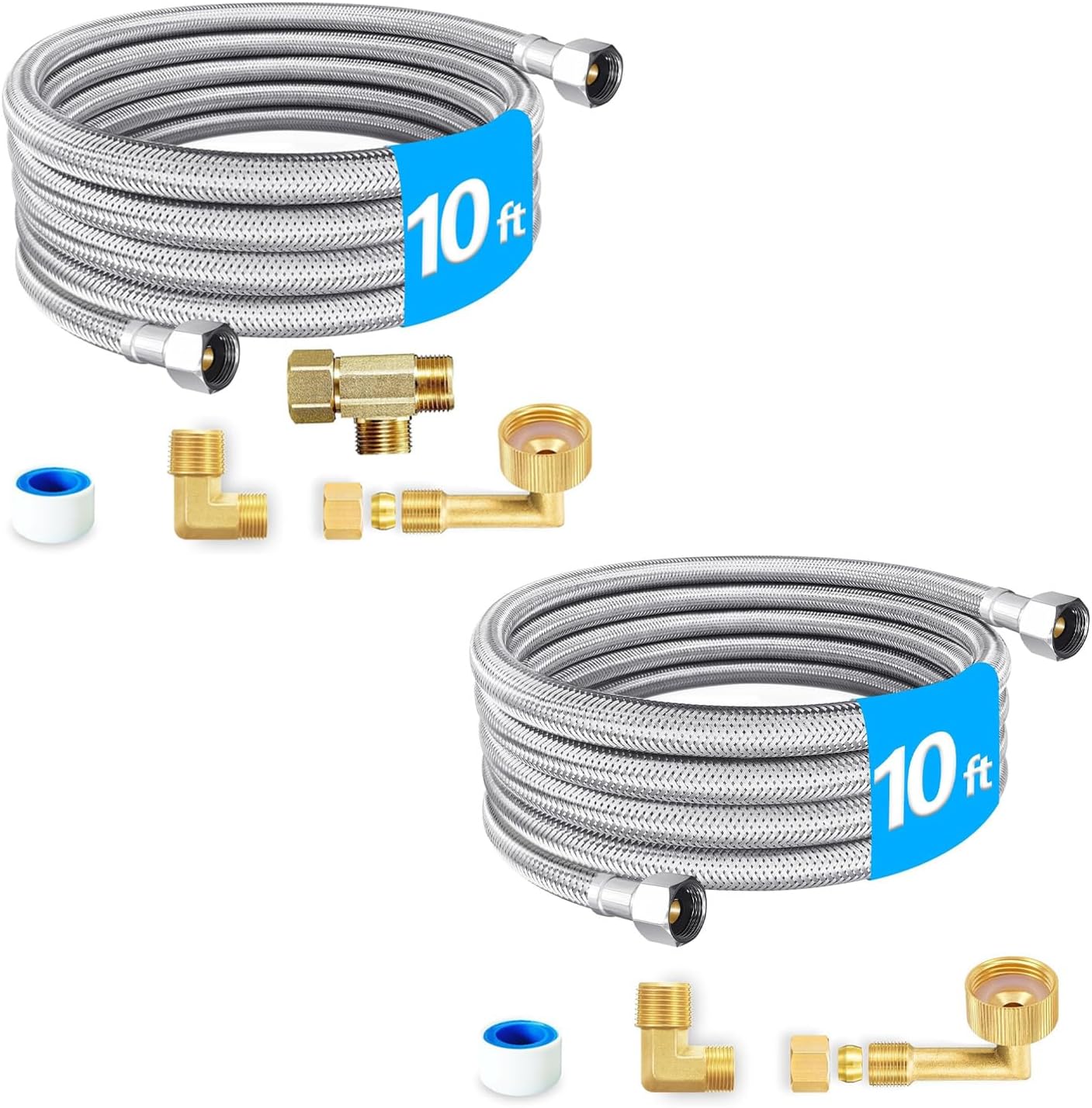 H2OPURE Universal Dishwasher Installation Kit - Stainless Steel Braided Dishwasher Hose Kit, Food Grade PEX Inner Tube, 10 FT, Silver, 3/8" Comp x 3/8" Comp Connections, 5 Year Warranty