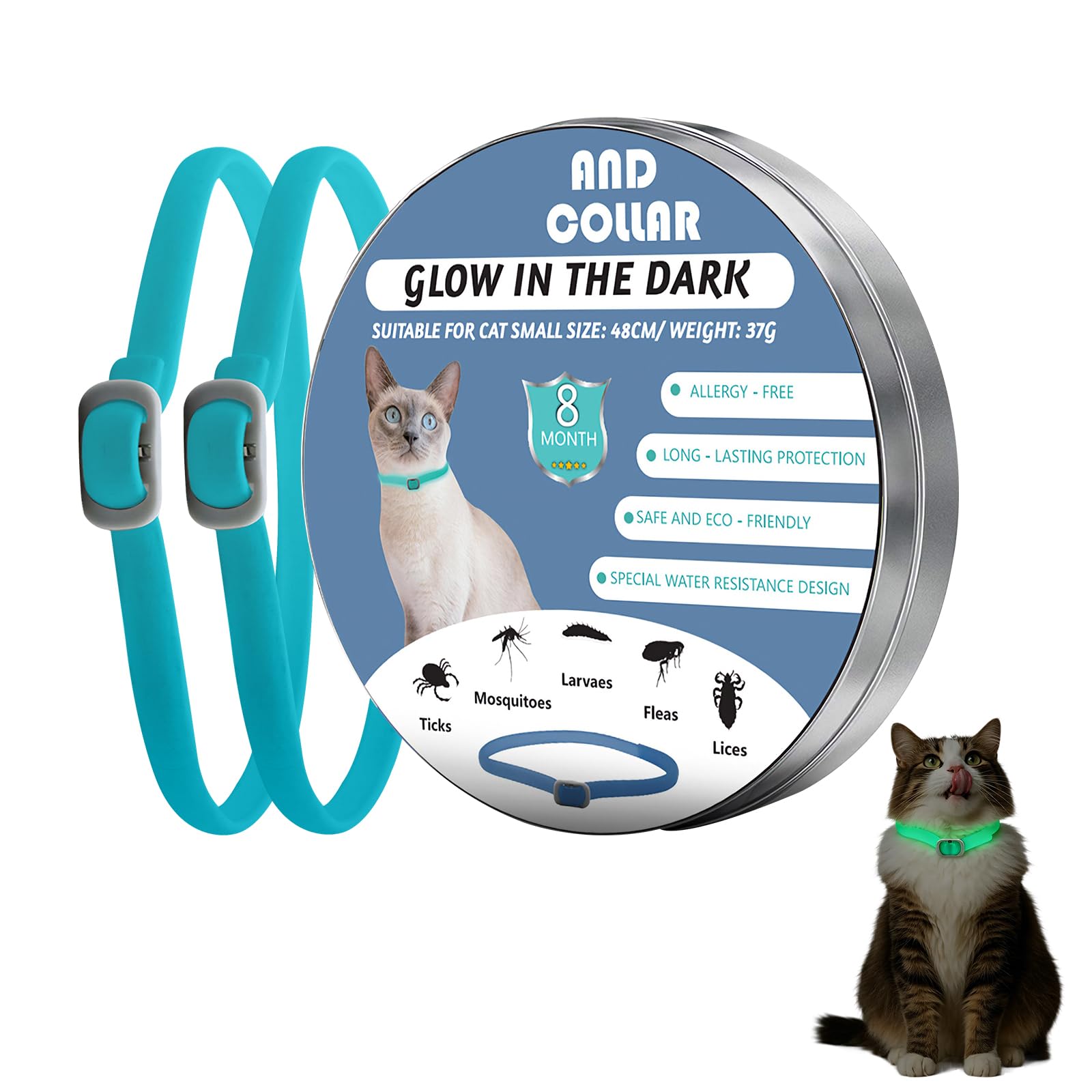 DOINEUFL 2 Pack Light Up Collar for Cats, Cat Collar to Prevent Infections, 18.9in Special Water Resistance Design Adjustable Cat Collars, Glow in the Dark, Contains Natural Essential Oils (Green)