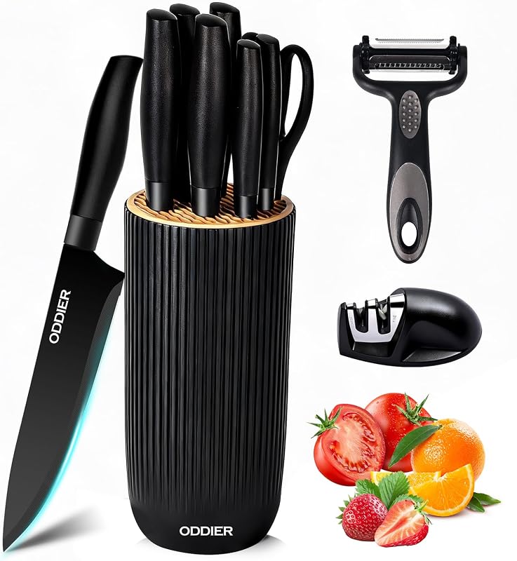 Knife Set, 10 Piece Kitchen Knife Set with Block and Sharpener, Anti-Rust Stainless Steel Knives Set for Kitchen, Chef Universal Knife Block Set, Dishwasher Safe, Ergonomical Design, Black