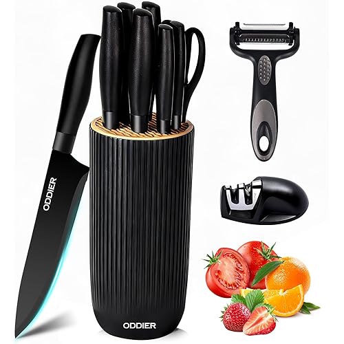 Knife Set, 10 Piece Kitchen Knife Set, Stainless Steel Knives Set for Kitchen, Universal Knife Block Set, Kitchen Kinfe Essentials, New Home Apartment Essentials, Dishwasher Safe (Black)
